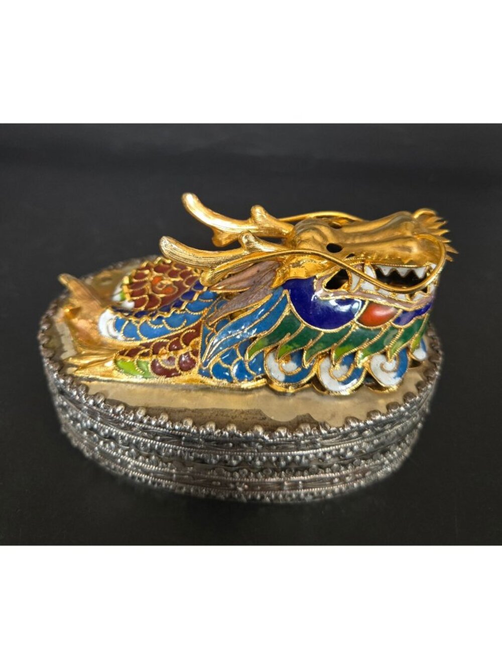 Chinese Cloisonné Dragon Trinket Box With Intricate Enamel & Silver Detailing 4"